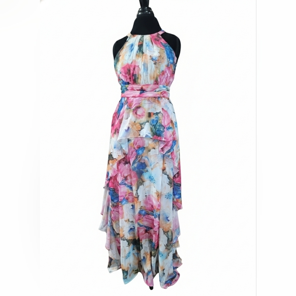 NWT R&M Richards Floral Halter High-Low Dress Pink Blue Size 12 Social Bloom